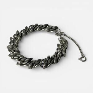 Vintage Silver Tone Leaf Link Bracelet Adjustable Safety Chain Spring Clasp